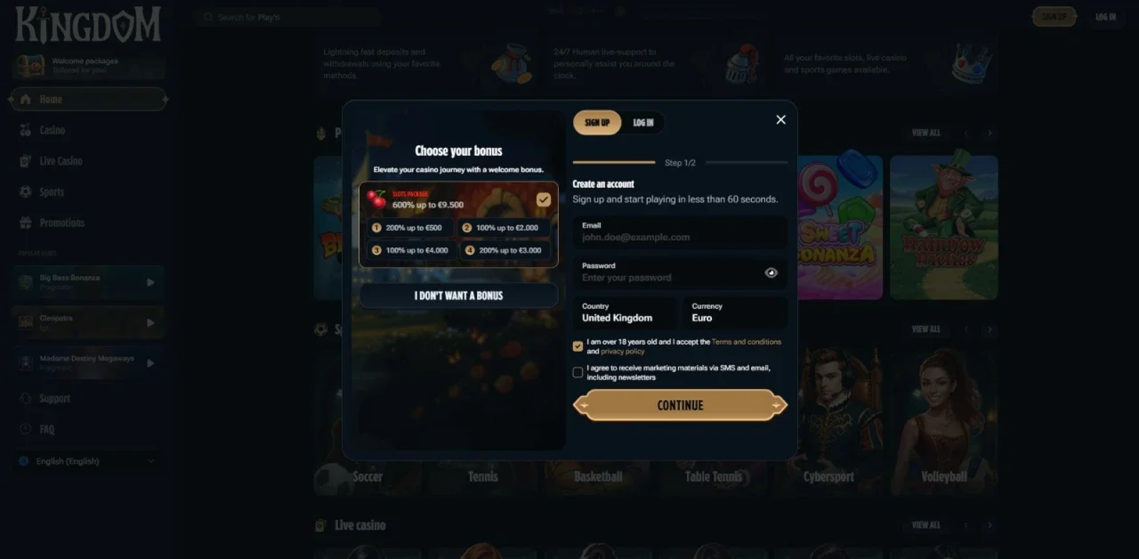 kingdom casino register