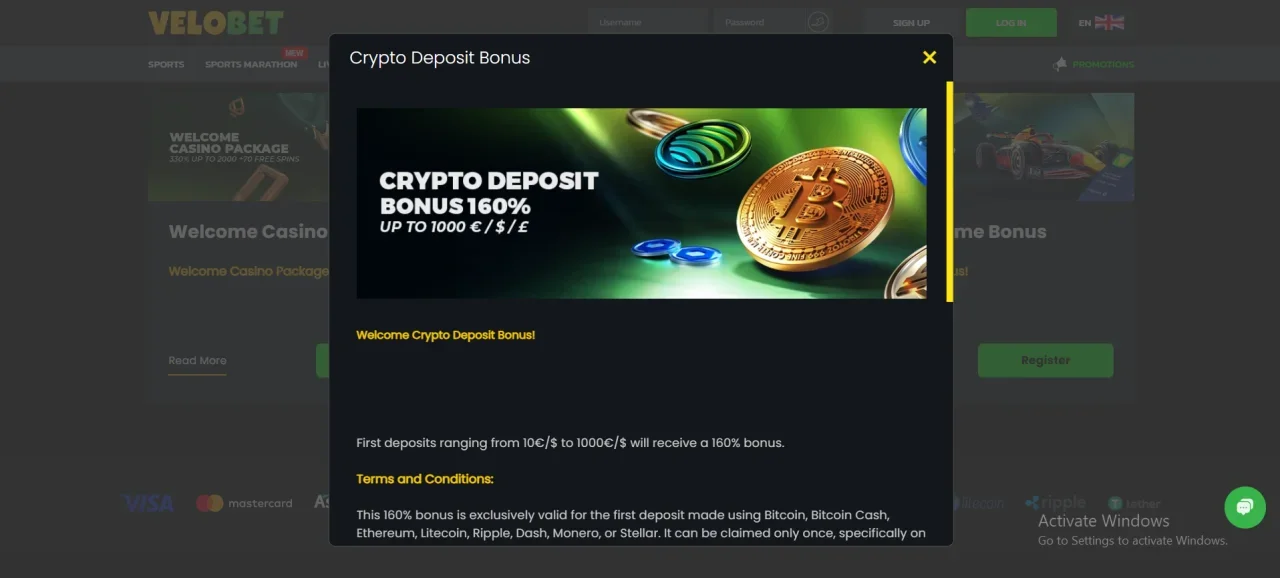 velobet crypto deposit bonus