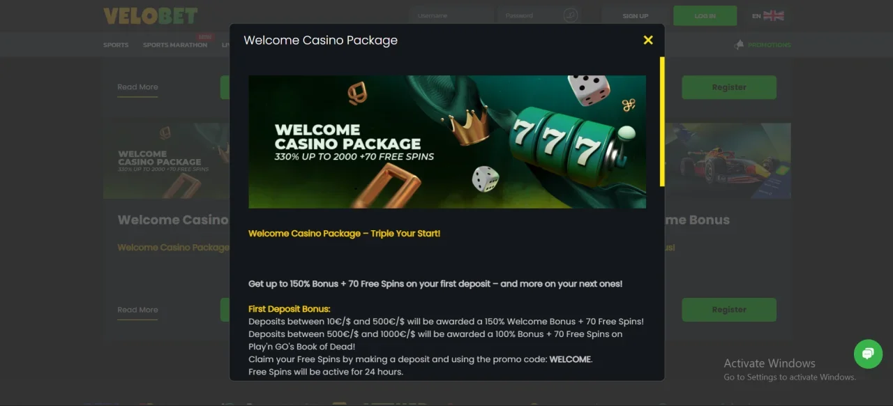 velobet welcome casino package
