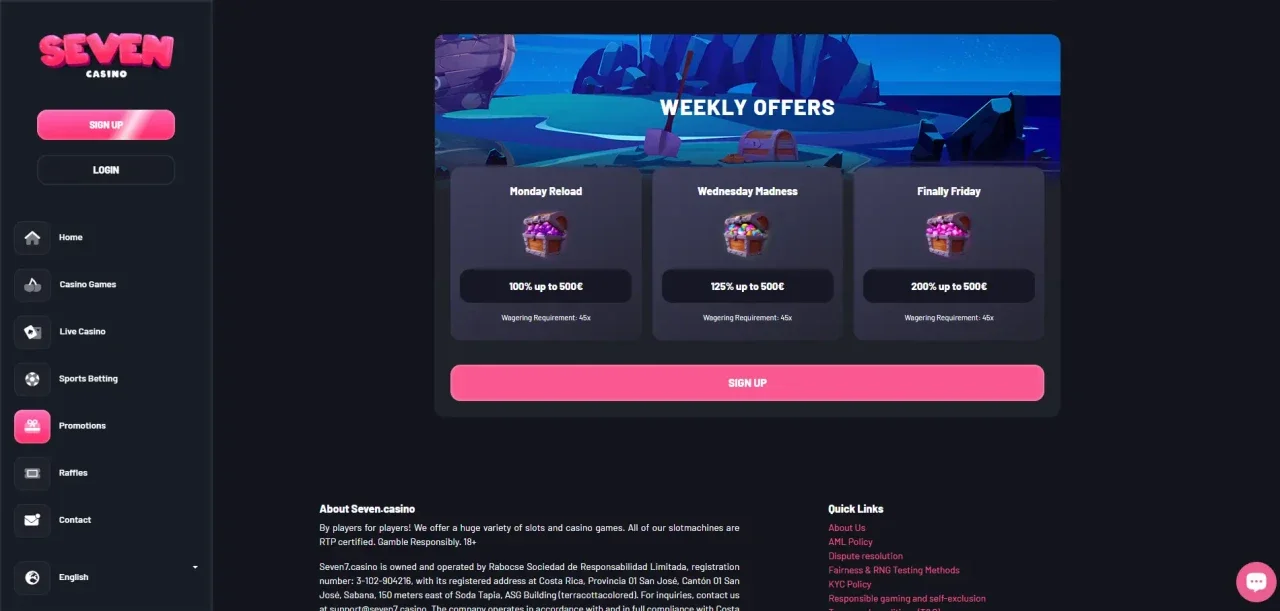 weekly offers by seven casino